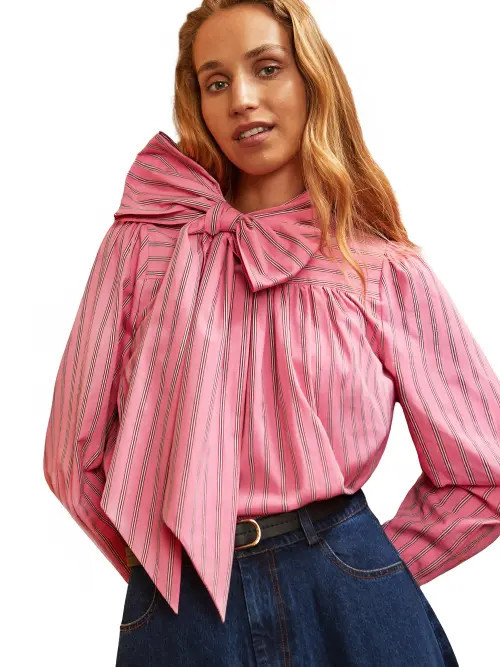 Ro&Zo Striped Long Sleeve Bow Detail Blouse in Pink at Nordstrom, Size 4 | Nordstrom