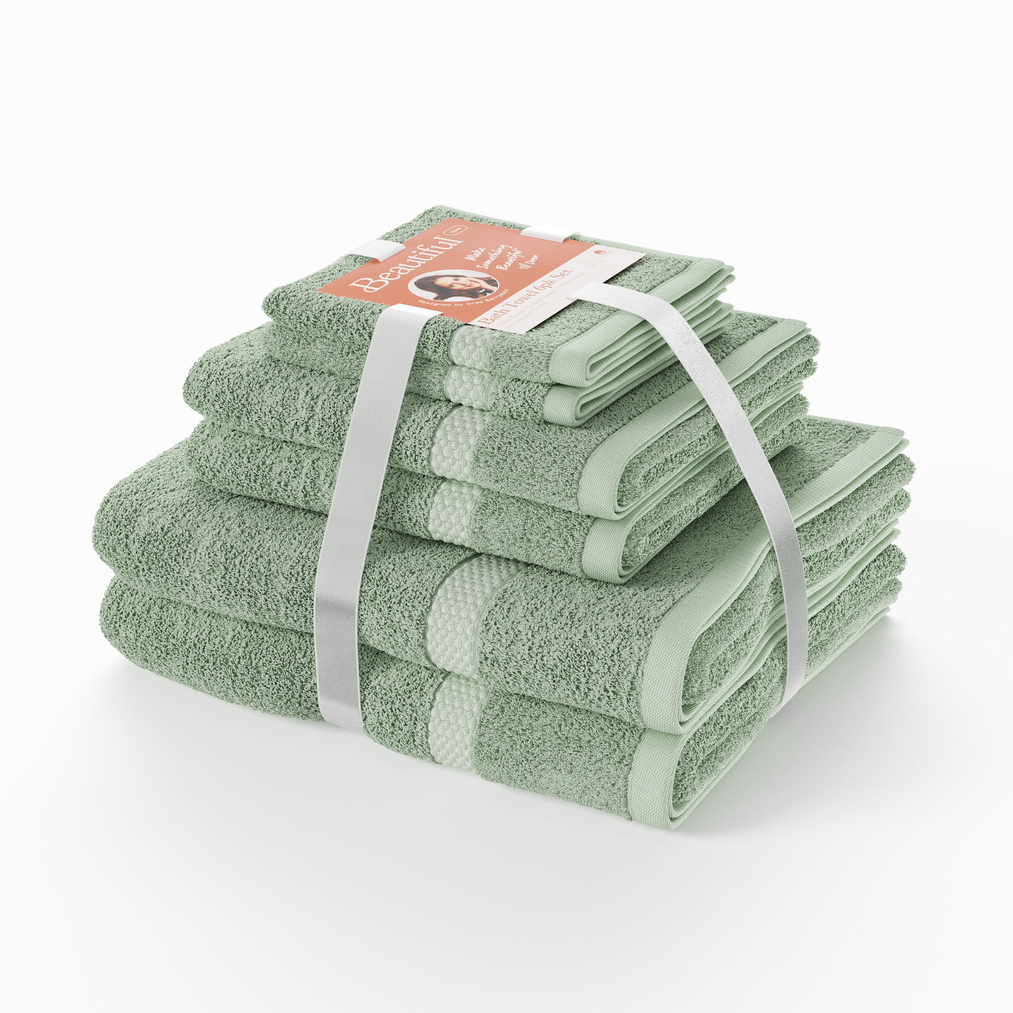 Beautiful Dobby 6pk Towel Set, Contains 2 Bath, 2 Hand, 2 Wash - Sage Green by Drew Barrymore | Walmart (US)