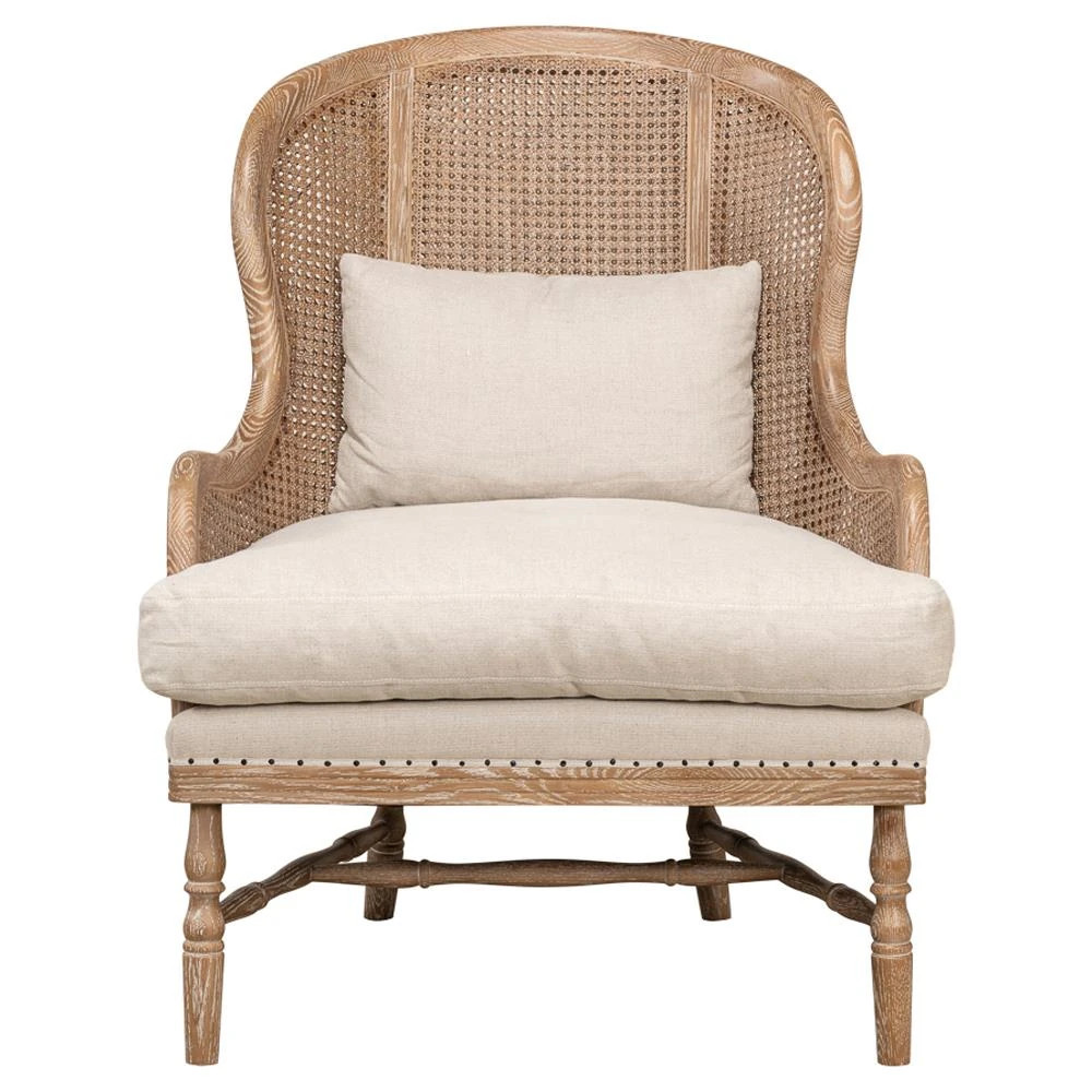 Rudolph Coastal Beige Upholstered Linen Brown Oak Woven Cane Wing Chair | Kathy Kuo Home