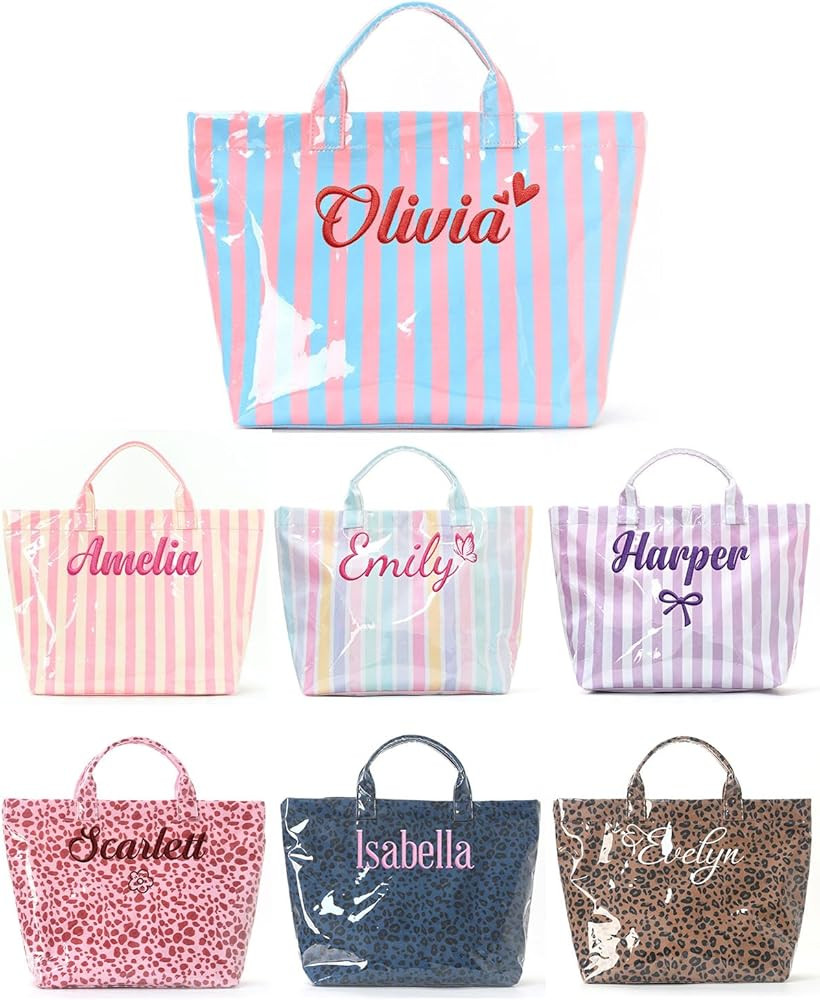 Personalized Beach Tote Bag with Name, Custom Embroidery Waterproof Striped Tote for Women, Large... | Amazon (US)