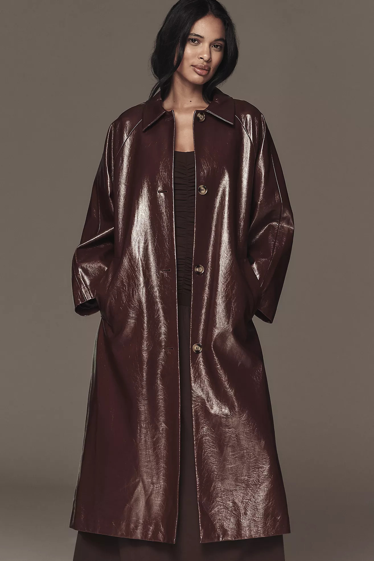 FRNCH Halimi Patent Faux Leather Trench Coat | Anthropologie (US)