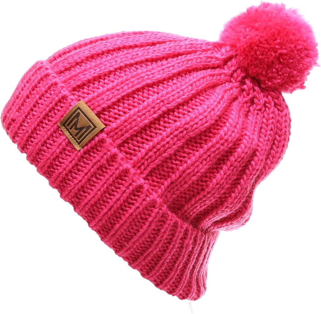 MIRMARU Women's Oversized Chunky Soft Warm Rib Knit Pom Pom Beanie Hat with Sherpa Lined | Amazon (US)