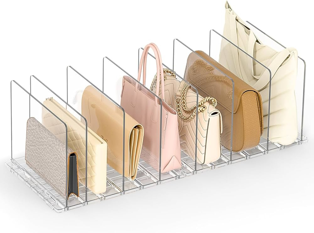 Bag Purse Organizer for Closet: Shelf Dividers Adjustable Acrylic Handbag Storage - Plastic Close... | Amazon (US)