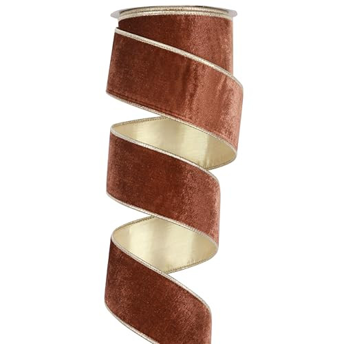 Brown Velvet Ribbon Wired 2.5" x 10 Yards Chocolate Brown Christmas Wired Ribbon with Light Gold ... | Amazon (US)