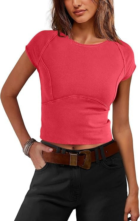 Women's Y2k Tops Tight Fitting Baby Tees Going Out T Shirt Basic Short Sleeve Crew Neck Cotton Su... | Amazon (US)