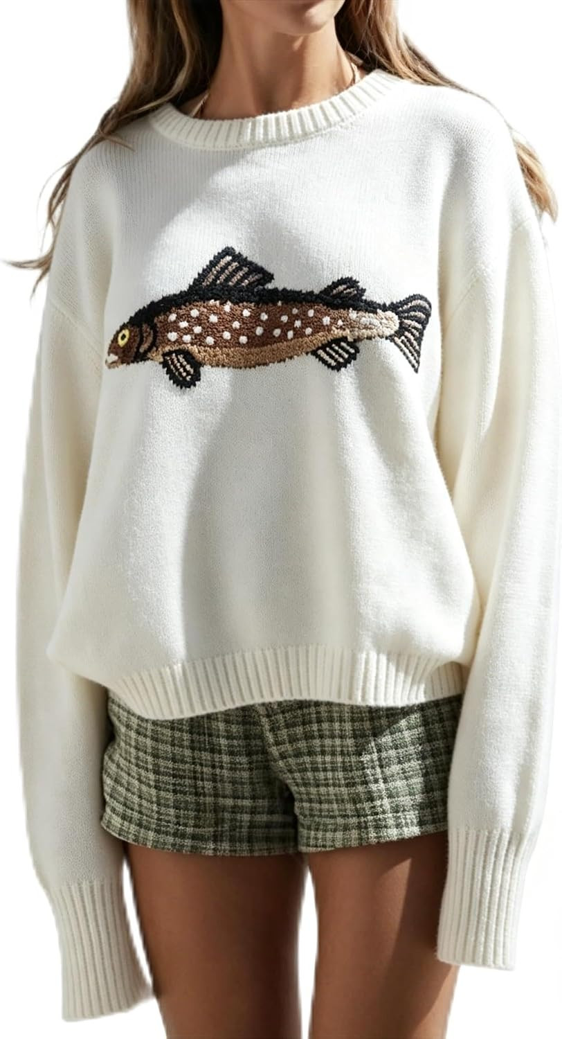 Y2k Fish Graphic Crochet Chunky Sweater Women Vintage Cottagecore Oversized Streetwear | Amazon (US)