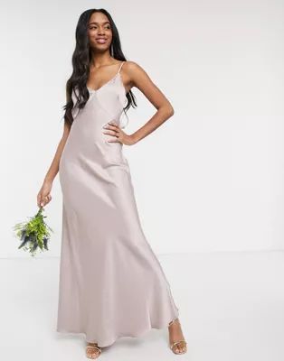Warehouse bridesmaids satin cami maxi dress with bow back detail in taupe | ASOS (Global)