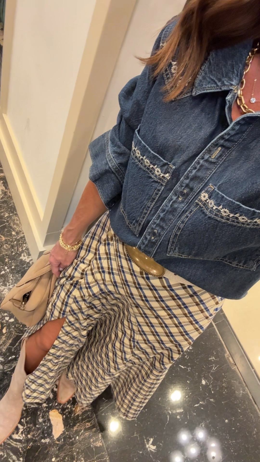 Nashville night 1. Plaid wrap maxi skirt. Denim shirt. Target style. 
Skirt XXS petite. Shirt S.

#LTKootd #LTKSeasonal #LTKOver40