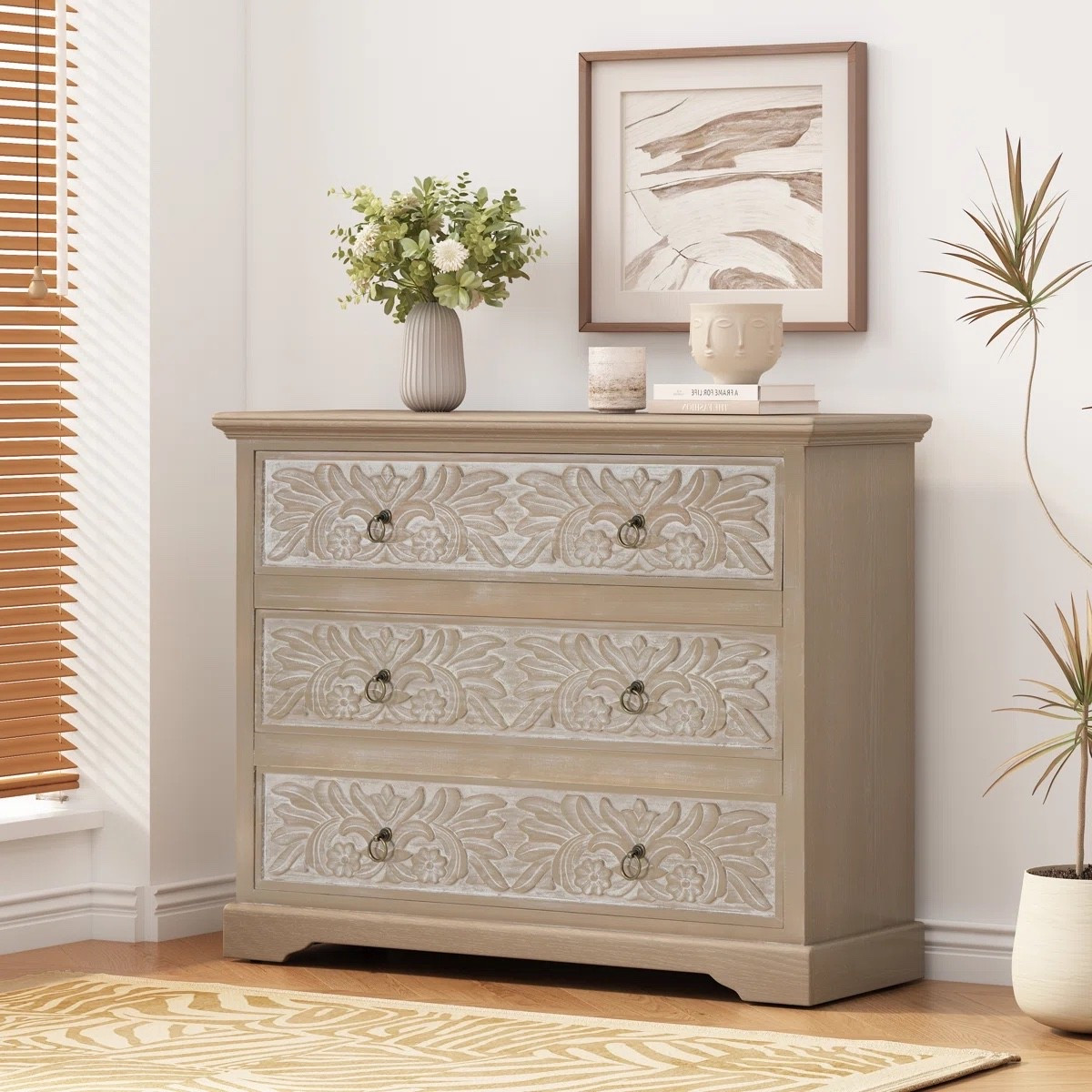 Loegan Wooden Dresser With 3 Drawers & Floral Carved Accents

#LTKMothersDay #LTKxMadewell #LTKmomlife