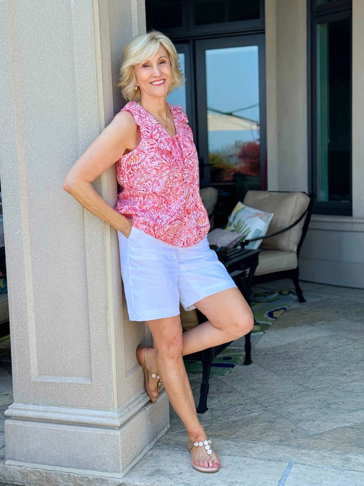 There are some outfit combinations that just never let you down, and white linen with a pop of red is definitely one of them. ❤️🤍

These white linen shorts are such a warm-weather staple, and I love how this red sleeveless patterned top adds just the right amount of color and personality. Finished with simple sandals, it’s an easy, comfortable look that feels polished without trying too hard.

#LTKSeasonal #LTKOver40 #LTKootd