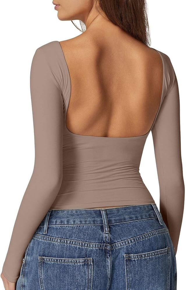 QINSEN Women's Sexy Open Back Long Sleeve Shirts High Neck Double Lined Tees Fitted Going Out Top... | Amazon (US)