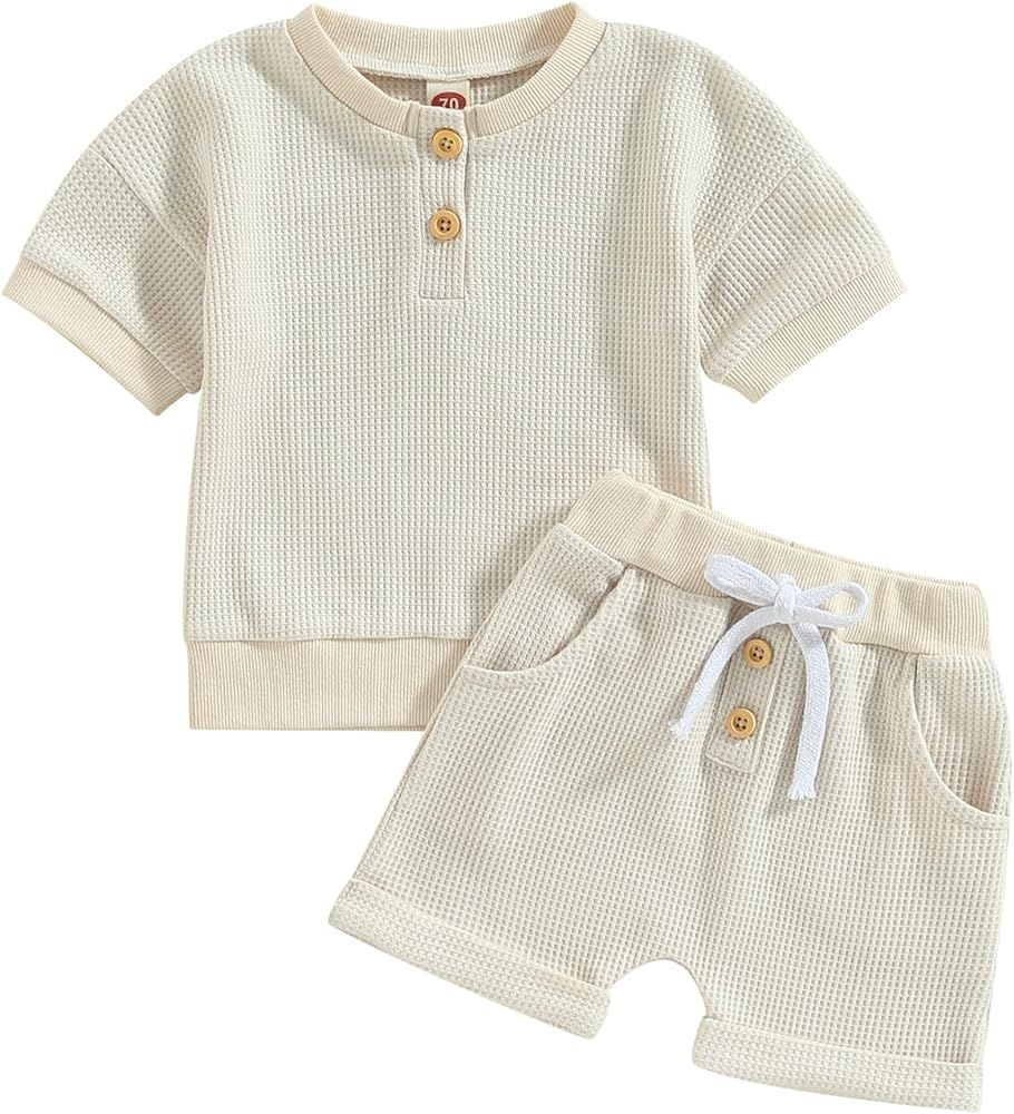 2PCS Summer Toddler Baby Boy Girl Clothes Set Unisex Waffle Solid Short Sleeve Tops Pocket Drawst... | Amazon (US)