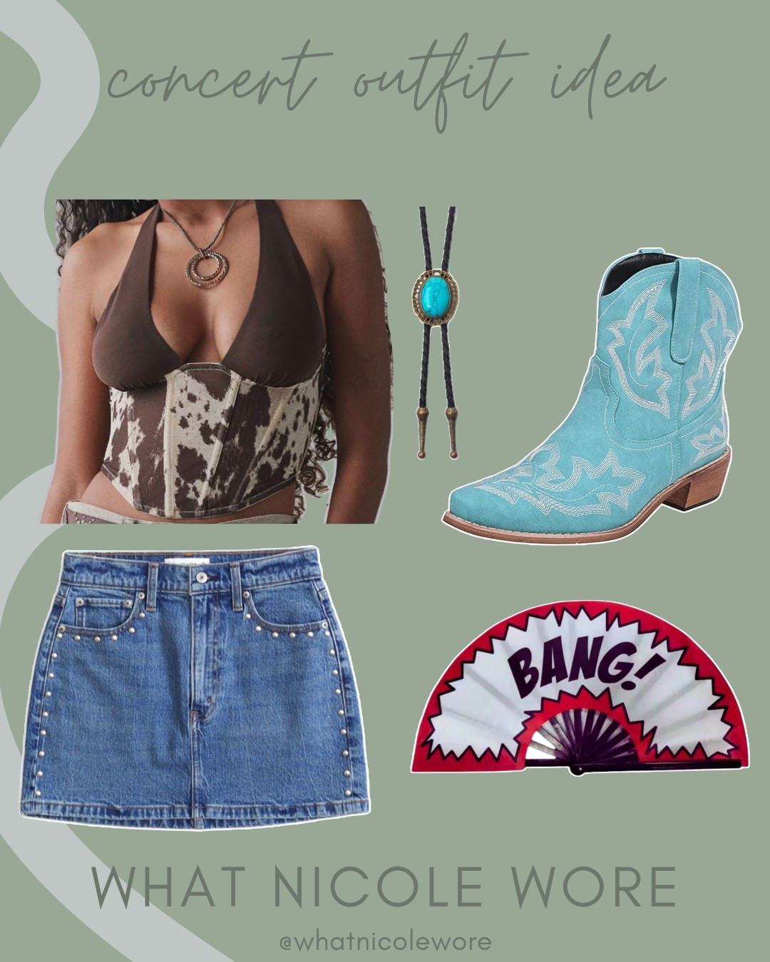 Cowboy Carter concert outfit idea! Brown and cow print crop top with a turquoise bolo + a studded denim skirt and the bang! Fan // Jean mini skirt, Beyoncé fan, country concert outfit, turquoise cowboy boots for women, short cowboy boots, turquoise western necklace

#LTKStyleTip #LTKFindsUnder50 #LTKFindsUnder100