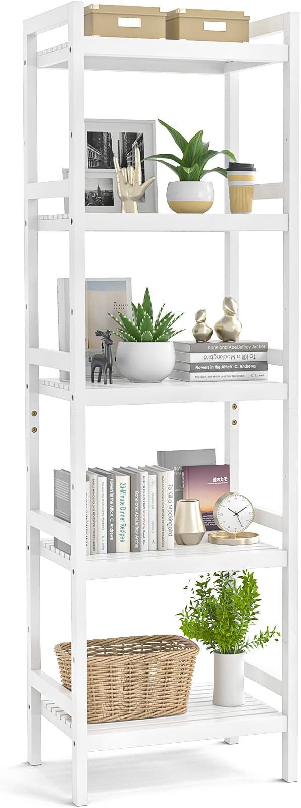 Homykic Bamboo Bookshelf, 5-Tier Narrow 55.9” Adjustable Book Shelf Bookcase Bathroom Shelves F... | Amazon (US)