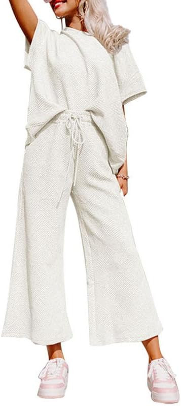 SHEWIN Women's 2 Piece Outfits Sweatsuit Casual Short Sleeve Pullover Tops and Drawstring Wide Le... | Amazon (US)