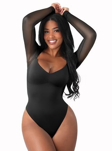 FeelinGirl Long Sleeve Bodysuit for Women - Sexy Mesh V Neck Body Suits Thong Corset Top Date Night Outfit, Black, S | Amazon (US)