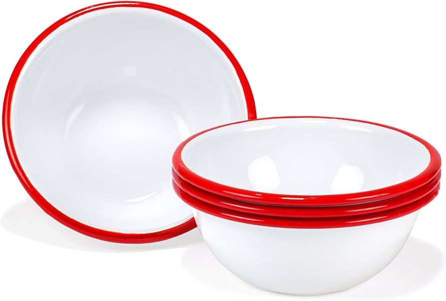 Red Co. Set of 4 Enamelware Metal Classic 20 oz Round Cereal Bowl, Solid White/Red Rim | Amazon (US)