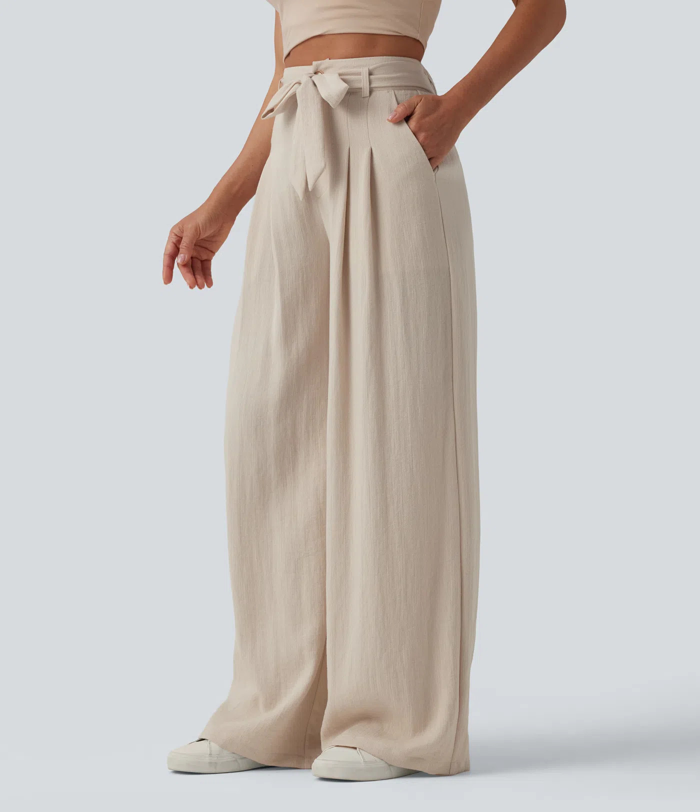 Women’s High Waisted Belted Linen-Feel Casual Baggy Pants with Pockets - Halara | HALARA