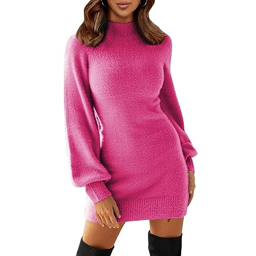 EXLURA Women's 2024 Mock Neck Ribbed Long Sleeve Bodycon Pullover Cute Mini Sweater Dress Hot Pink | Amazon (US)