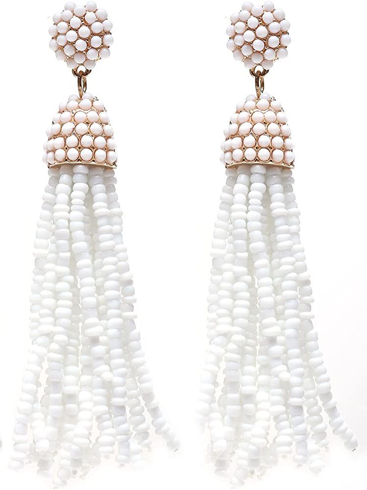 NLCAC Women's Beaded tassel earrings Long Fringe Drop Earrings Dangle 6 Colors | Amazon (US)