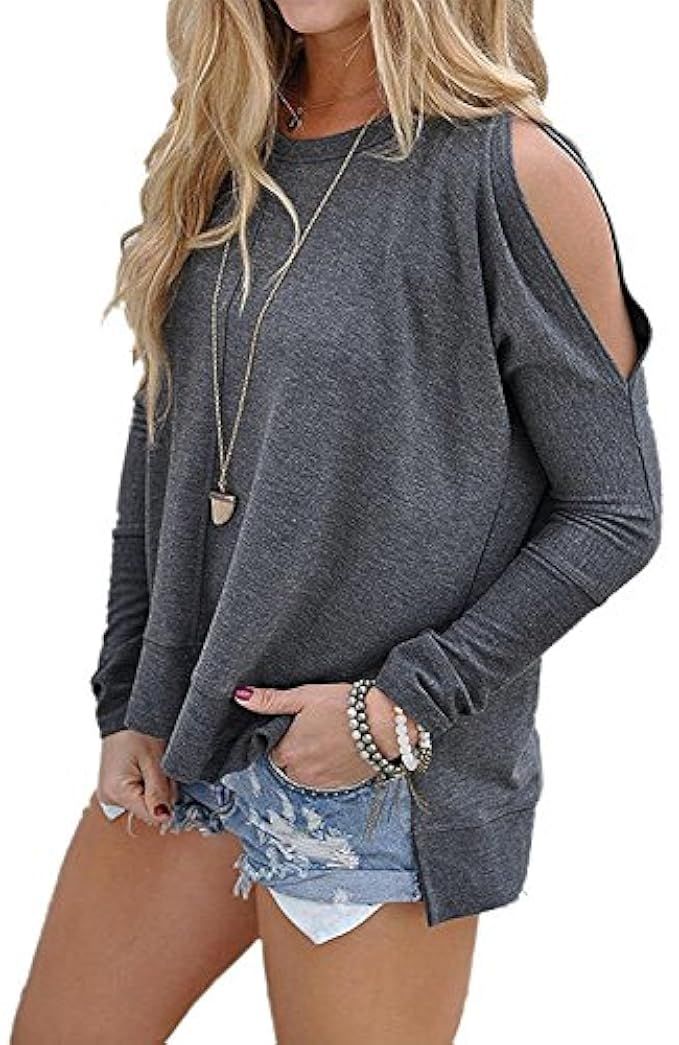 Flying Rabbit Women's Cold Shoulder Long Sleeve T Shirt Casual Side Slit Top | Amazon (US)
