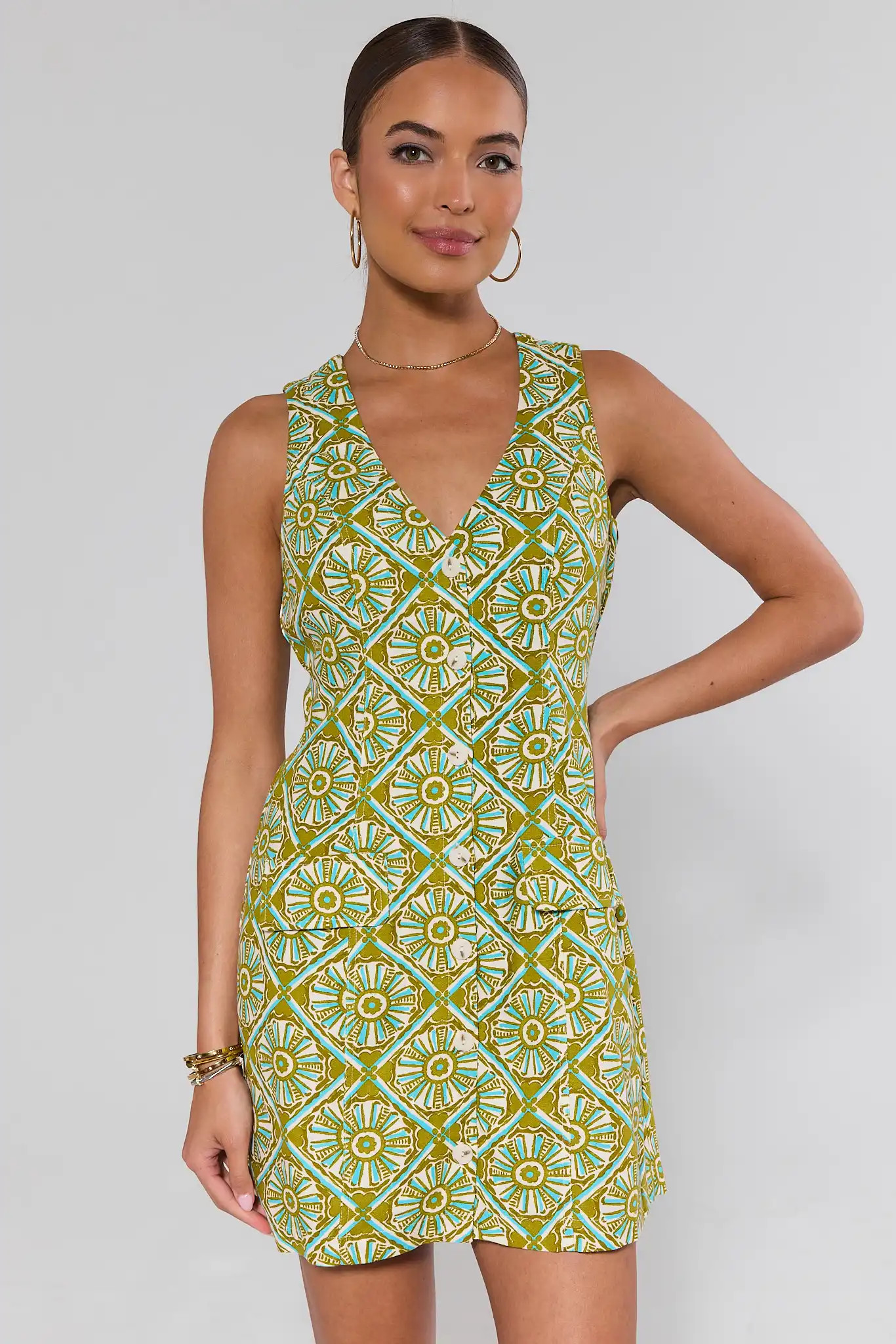 Seraphina Green Printed Short Dress | Avara