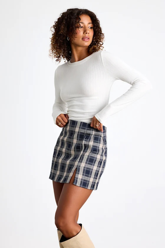 Greeting the Season Navy Plaid High-Waist Mini Skirt | Lulus