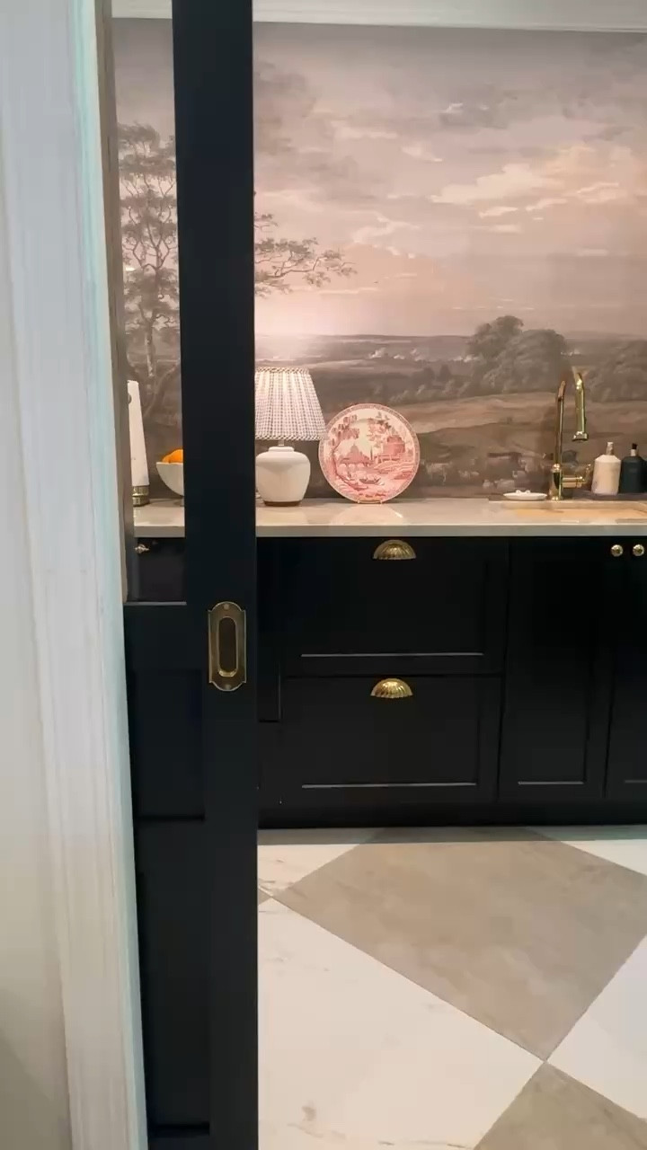 Details in our scullery! Coffee maker, kitchen appliances, Amazon kitchen, Amazon home, barn doors, black and white home, mural wallpaper, checkerboard floor, classic colonial home

#LTKHome