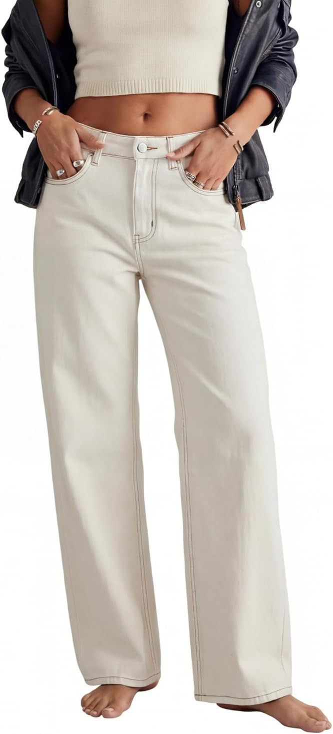 Women's Straight Wide Leg White Stretch Jeans Relaxed Fit Cream White Pants | Amazon (US)