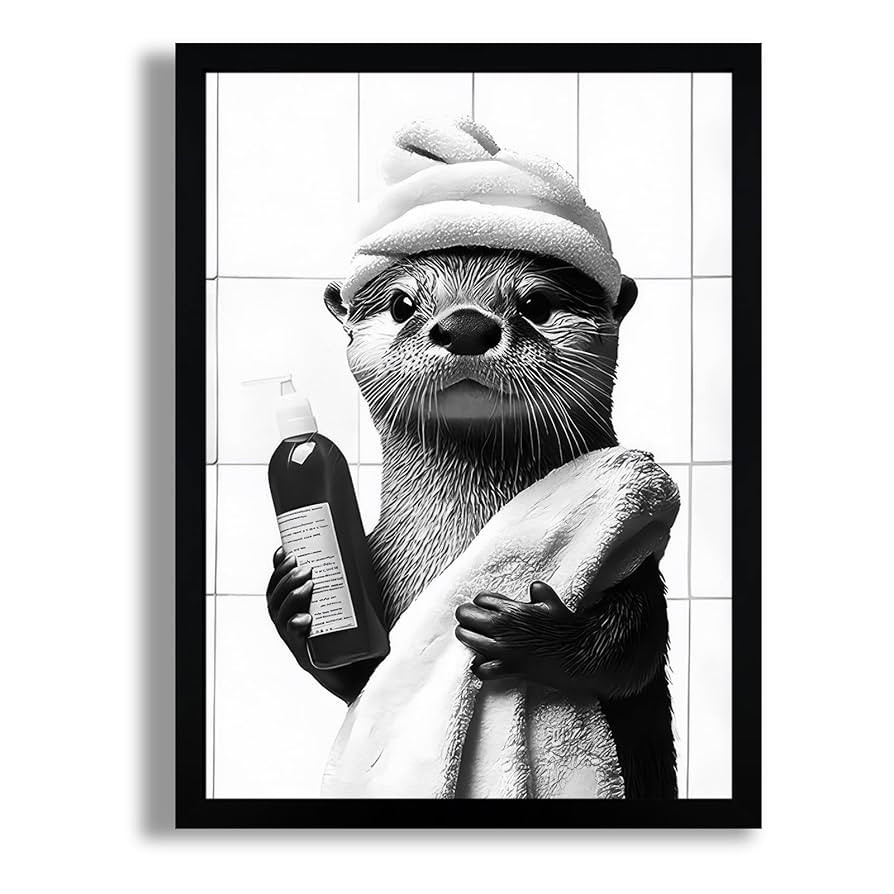 SYWENNOI Framed Black and White Bathroom Canvas Wall Art, Funny Otter Is Getting Ready Bath Wall ... | Amazon (US)
