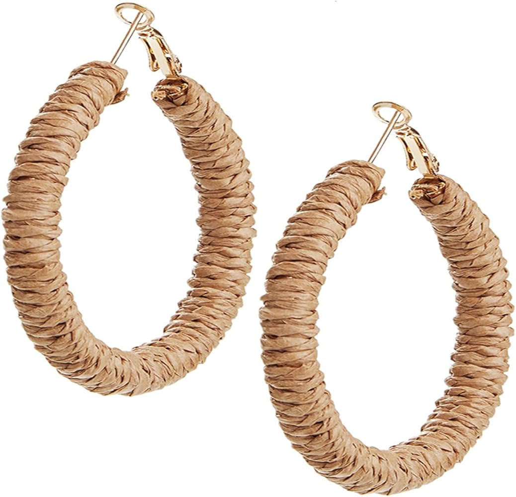 Statement Earrings, Trendy Rattan Hoop Earrings, Raffia Earrings for Women Girls, Summer Earrings... | Amazon (US)