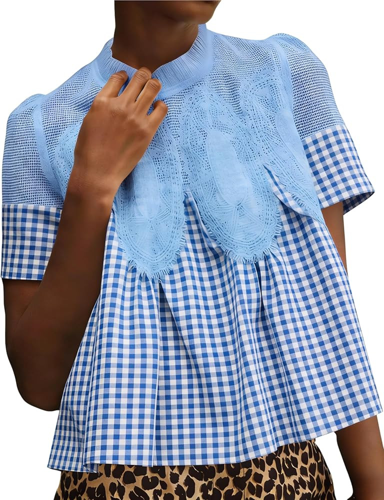 Gozoloma Women's Plaid Lace Short Sleeve Blouse Poplin Mesh Crew Neck Swing Babydoll Tops Casual ... | Amazon (US)