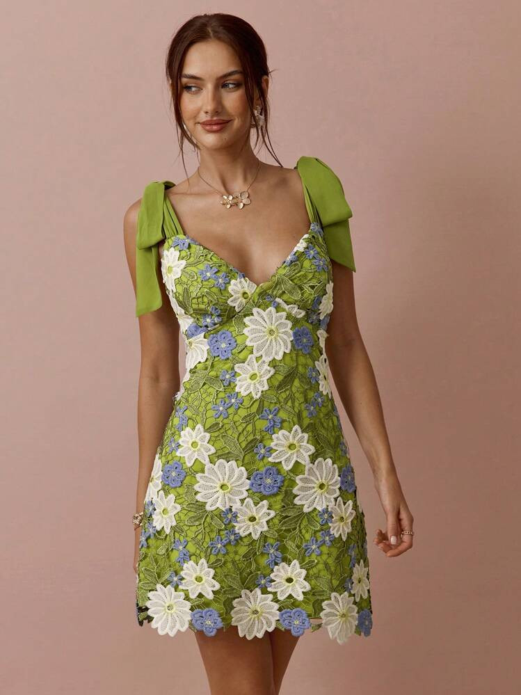 Enchnt Spring/Summer Romantic Women's Elegant Green Floral Embroidered Lace Shoulder Straps Sleeveless Mini Dress, Sweet And Elegant Sexy Dress, Suitable For Wedding Season, Holidays, Vacation, Sweet Date And Graduation Season, Women's Summer Clothing, Concert Outfit Women,Easter Outfit Women Summer Dresses For Women | SHEIN