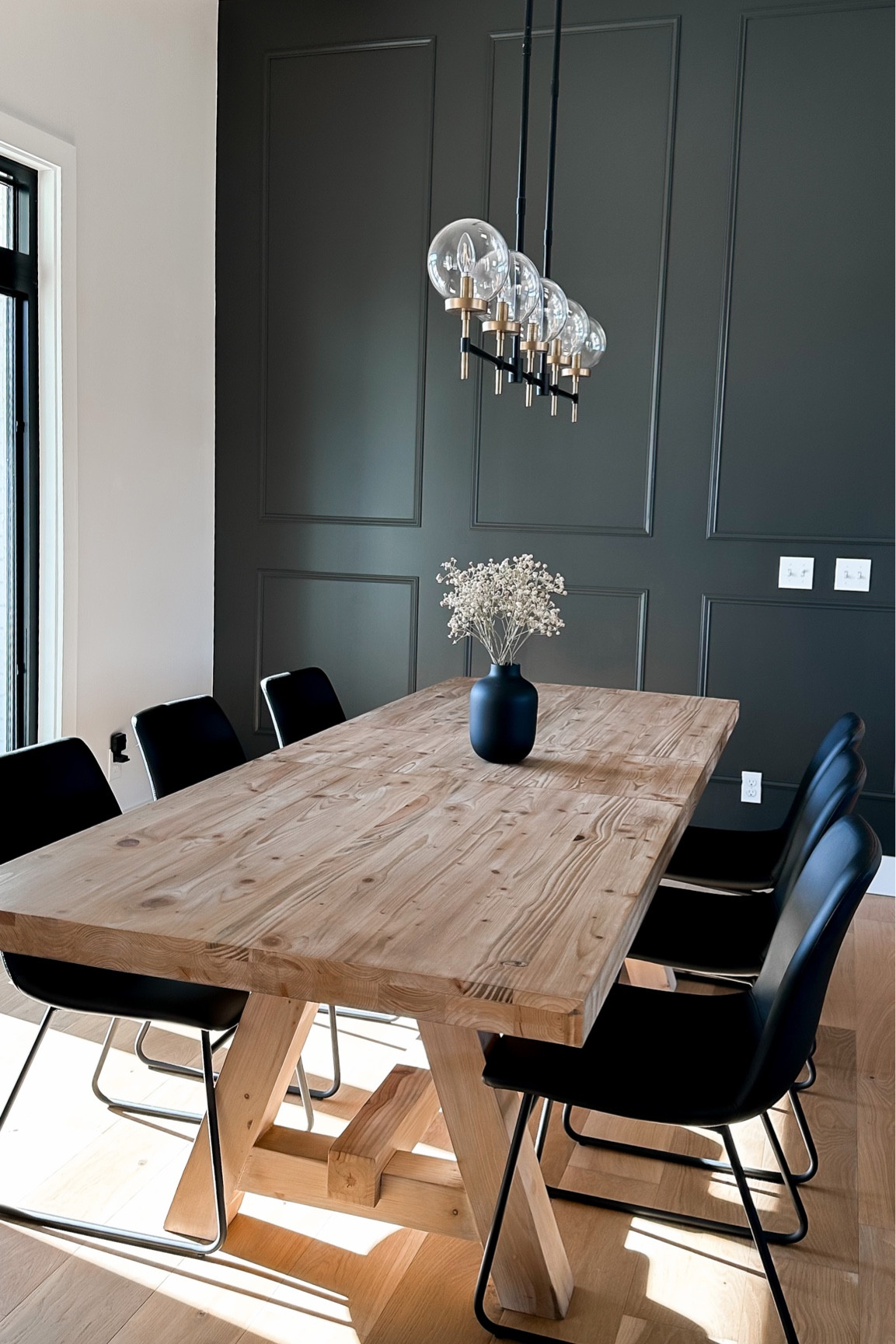 This black accent wall in my dining room turned out perfect with our black leather chairs and white oak natural dining table. I am loving every step of designing and decorating our home! 
.
.
Home decor, modern organic, organic modern, transitional, industrial, dining room, table and chairs
.
#diningroom #dining #diningroomdecor #diningtable #diningroomdesign #diningtabledecor #diningchairs #diningchair #diningroominspo #diningroomideas #diningroomgoals #accentwall #swironore #sherwinwilliams #sherwinwilliamsironore #blackwall #black #blackaccentwall #minimalisthome #minimalistdesign #minimalistdecor #potterybarn #potterybarnstyle #potterybarntable #potterybarnlighting #targethome #targethomestyle



#LTKstyletip #LTKsalealert #LTKhome