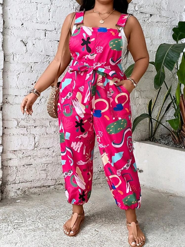 SHEIN Unity Plus Allover Print Belted Jumpsuit | SHEIN