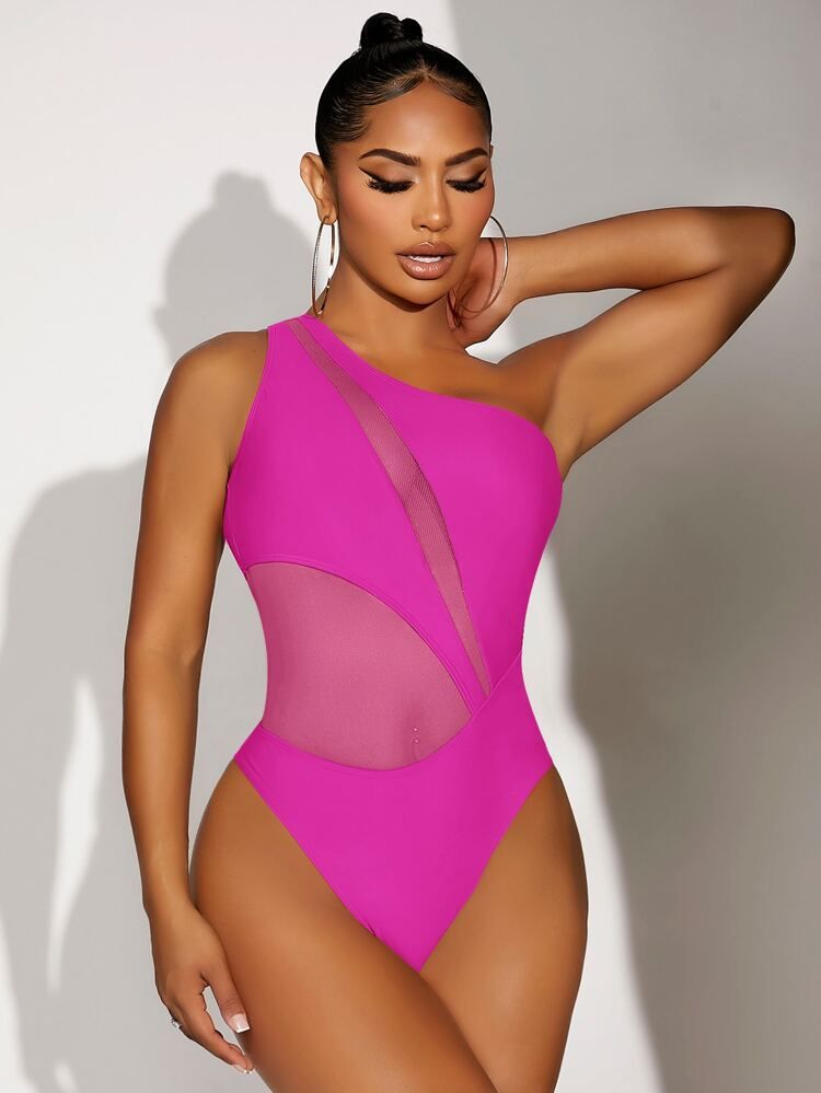 Mesh Panel One Shoulder One Piece Swimsuit | SHEIN