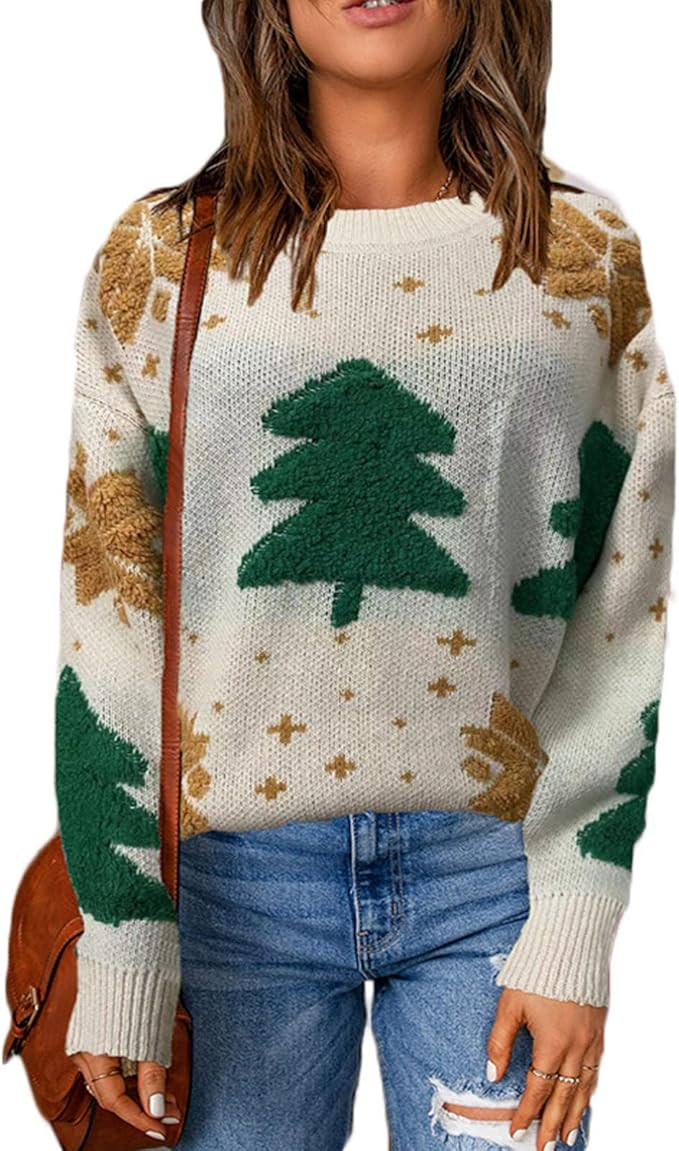 Ugly Christmas Sweater for Women Trendy Christmas Tree Snowflake Embroidery Knitted Sweater Xmas ... | Amazon (US)