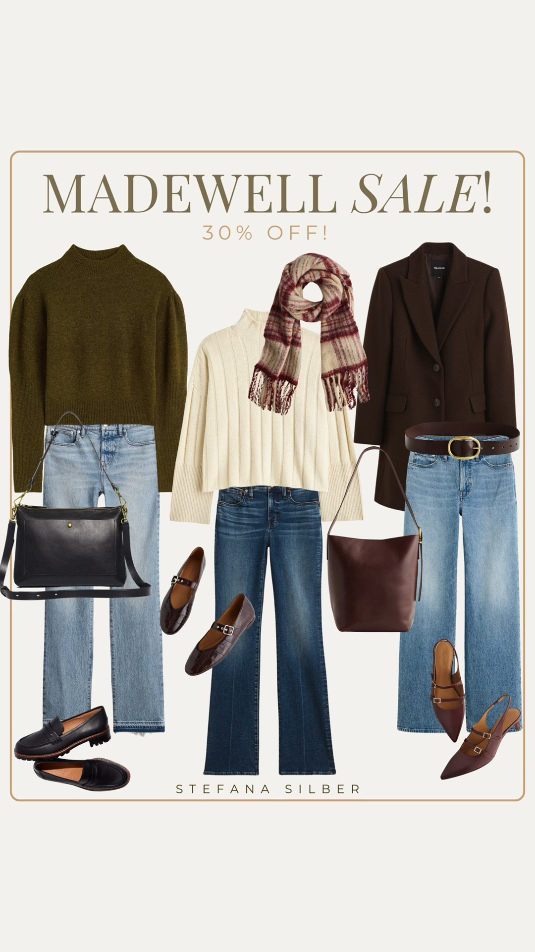 Outfit ideas that will take you from fall to winter! Upscale casual pieces from Madewell 30% off! 

Jeans, leather bags, ballet flats, loafers, sweaters, blazer coat, cozy scarf, black, brown, cream 



#LTKStyleTip #LTKSeasonal #LTKOver40