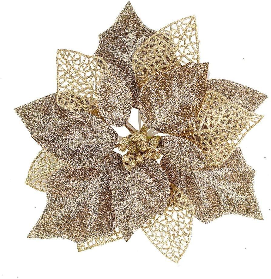 (Pack of 12) Glitter Poinsettia Christmas Tree Ornaments,Christmas Decorations Flower (Brown Gold... | Amazon (US)