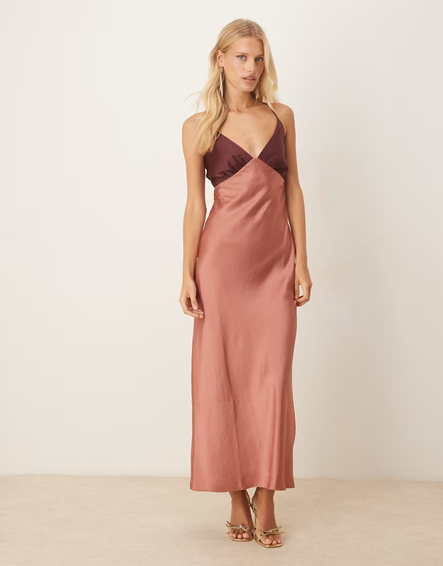 Abercrombie & Fitch spaghetti strap open back lace slip maxi dress in pink | ASOS (Global)