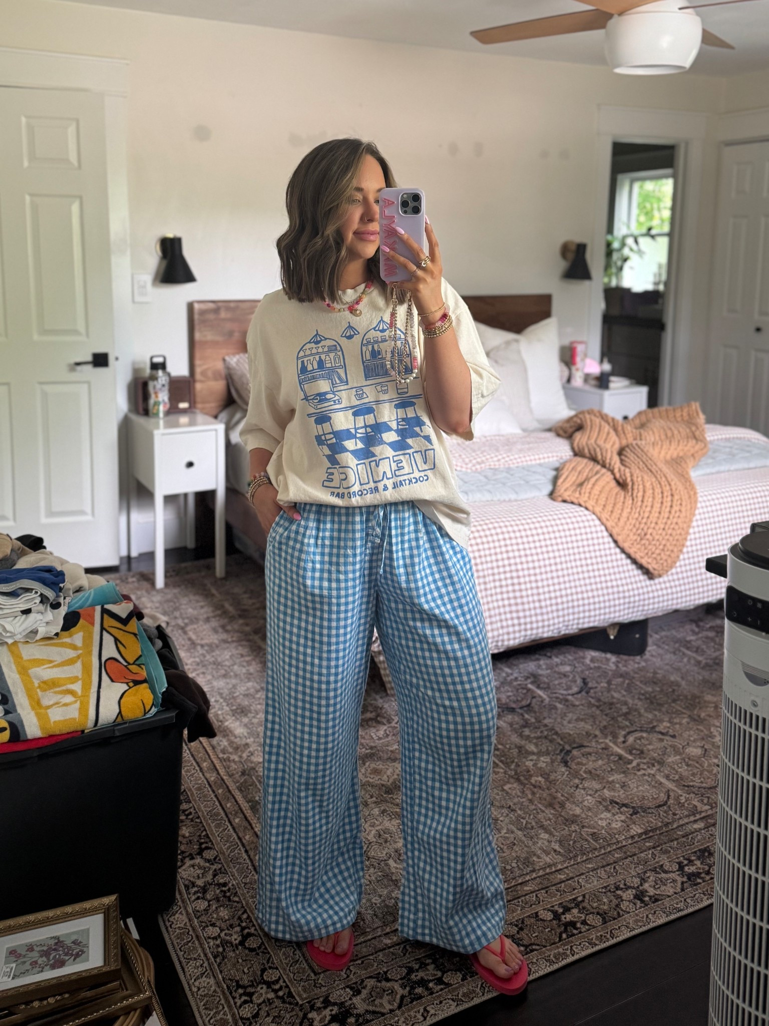 Today’s outfit 🩵🩵 comfiest outfit!! 

Old navy, graphic tee, gingham pants, comfy boxer pants, target finds, pajamas pant, old navy flip flops, red flip flops 

#LTKFindsUnder50 #LTKSummerEdit #LTKSeasonal