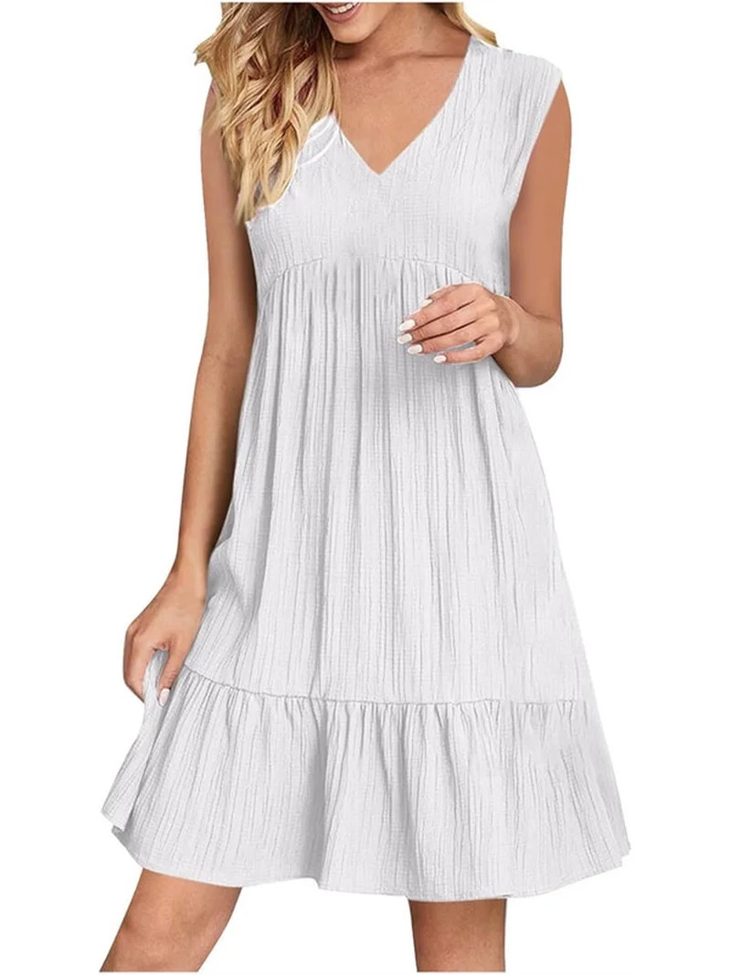 Women Summer V-Neck Dresses Sleeveless Tank Solid Pleated Ruffle Flowy Beach Vacation Midi Sundre... | Walmart (US)