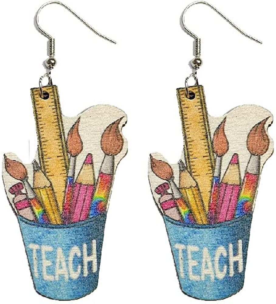 Teacher Wooden Dangle Drop Earrings Wood Sunflower Book Ruler Pencil Reading Earrings for Women B... | Amazon (US)