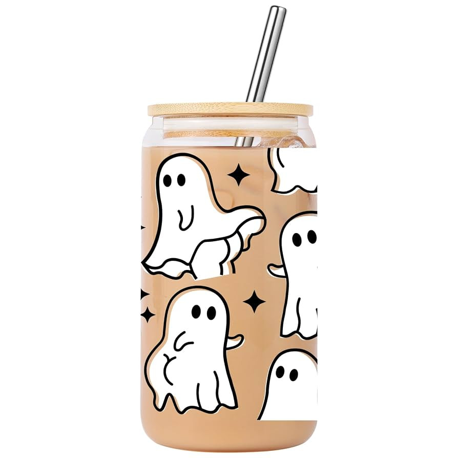 Cute Halloween Ghost Glass Tumbler with Lid and Straw, 16oz Iced Coffee Cup, Spooky Gifts for Hal... | Amazon (US)