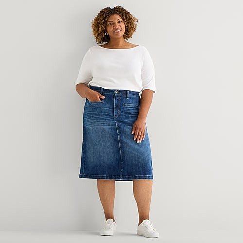 St. John's Bay Womens Plus High Rise Midi Denim Skirt, 18w, Blue | JCPenney