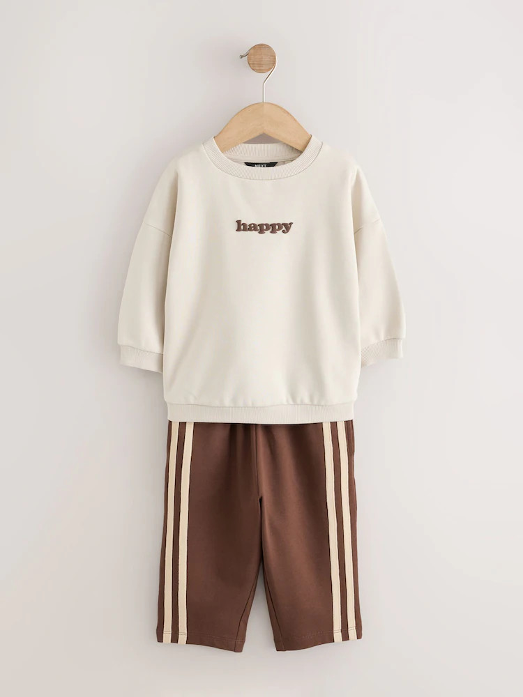 Ecru/Choc Printed Crew Neck Sweat Top and Joggers Set (3mths-7yrs) | Next US