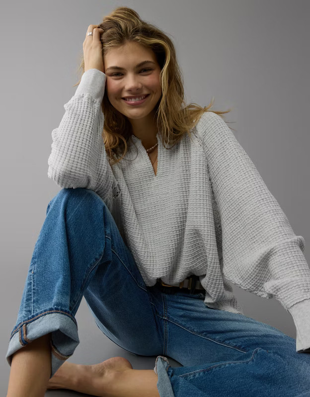 AE Big Hug Notch Neck Waffle Sweatshirt | American Eagle Outfitters (US & CA)