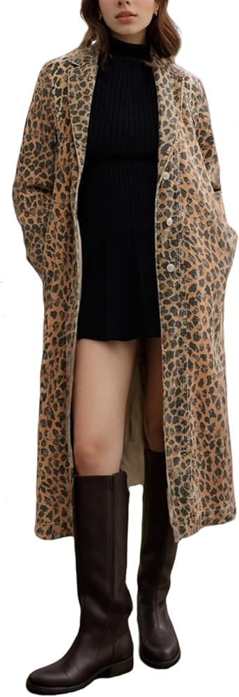 Womens Leopard Print Long Jean Jacket Plus Size Long Sleeve Button Down Lapel Denim Jacket Trench... | Amazon (US)