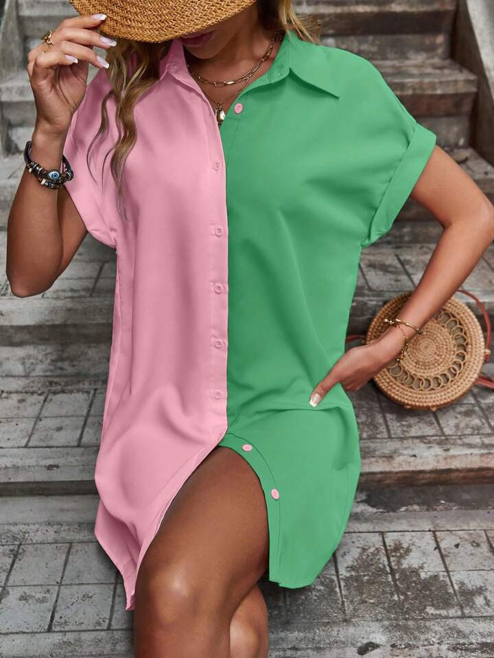 SHEIN LUNE Two Tone Batwing Sleeve Shirt Dress | SHEIN