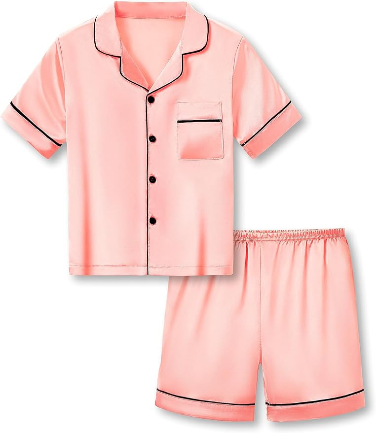 Beezizac Little & Big Girls Pajama Set Size 6-16 -Pink/Blue/Turquoise/Peach Satin Silky Cute Summ... | Amazon (US)